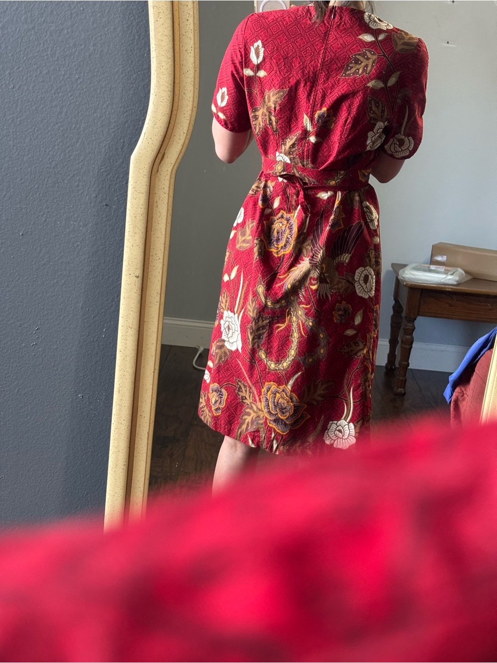 Deep Red Batik Floral Sheath Dress XS - Picture 15 of 16